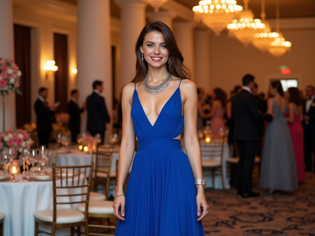 Woman in blue dress smiling at a gala with guests and chandeliers in the background.