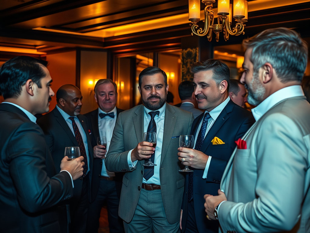 A group of well-dressed men socializing and holding drinks in an elegant, dimly lit venue.