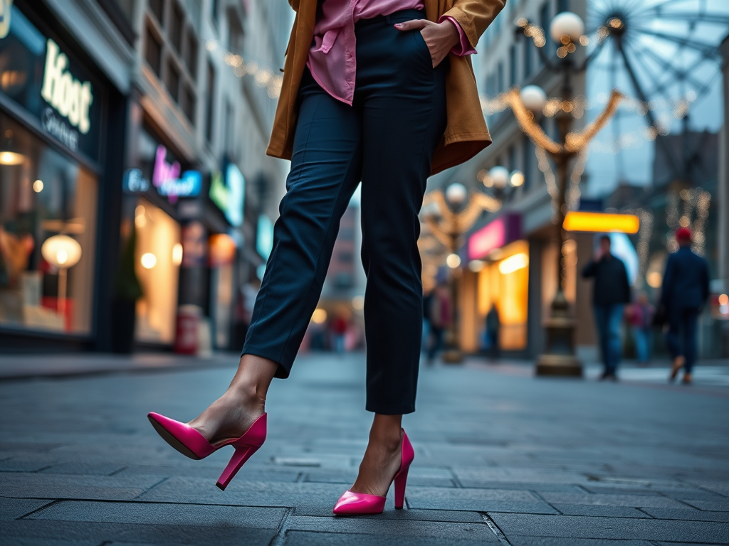 A stylish person stands in pink high heels on a city street, with shops and festive lights in the background.