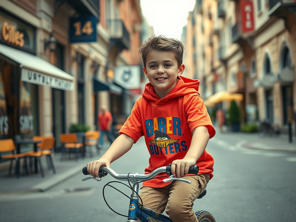 A smiling boy in an orange hoodie rides a bicycle down a sunny street with cafes and shops in the background.