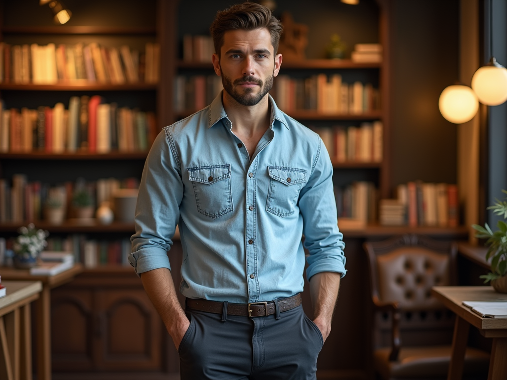 Confident man in denim shirt standing in a library with shelves of books in the background.