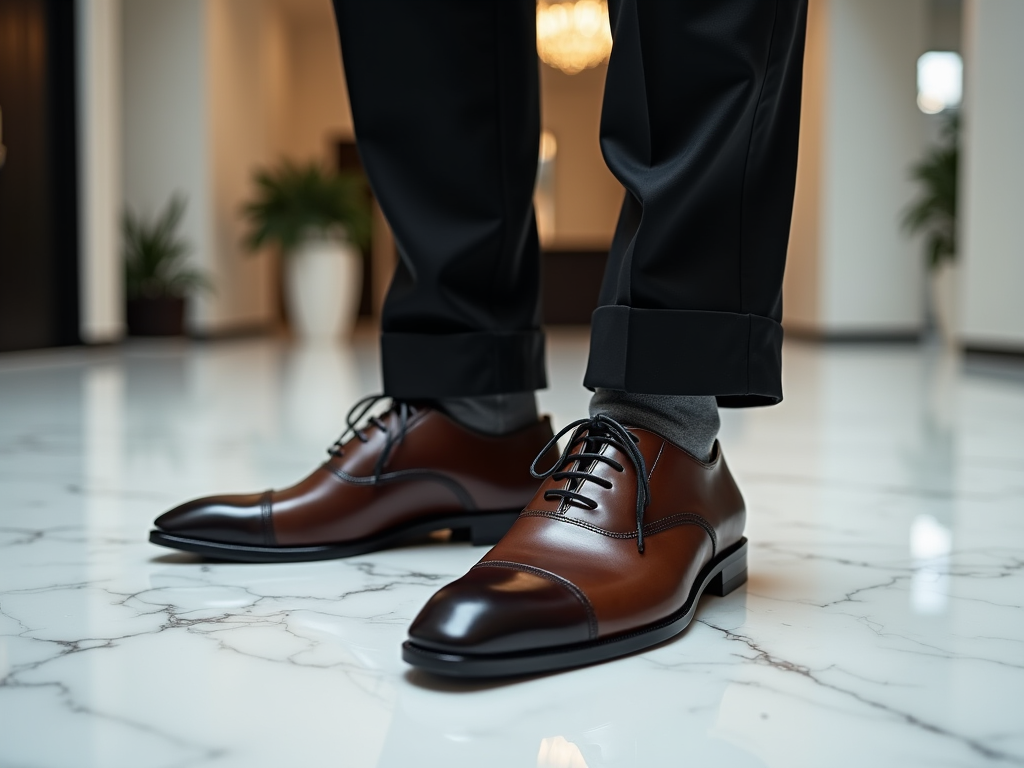 Close-up of shiny brown dress shoes on marble floor, worn by a person in a black suit.