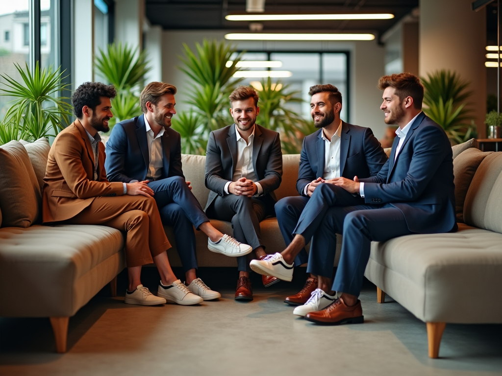 Five businessmen in suits laughing and conversing on sofas in a modern office lounge.