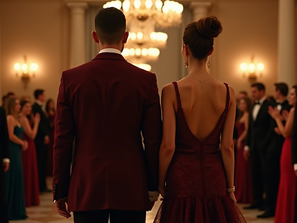 Elegant couple in red attire viewed from behind at a crowded gala event.