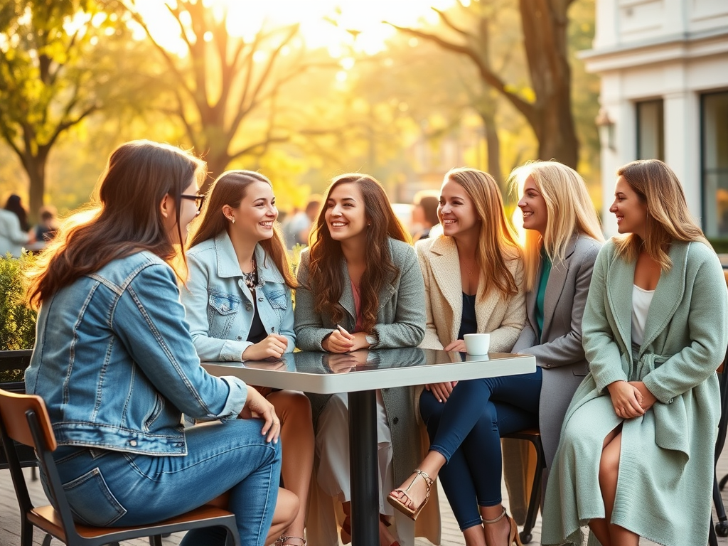 A group of six women enjoy a lively conversation at an outdoor café in warm, golden sunlight.