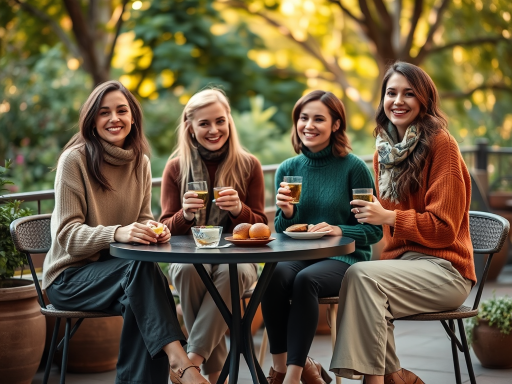 Four smiling women enjoy drinks and snacks at a table outdoors, surrounded by greenery and warm sunlight.