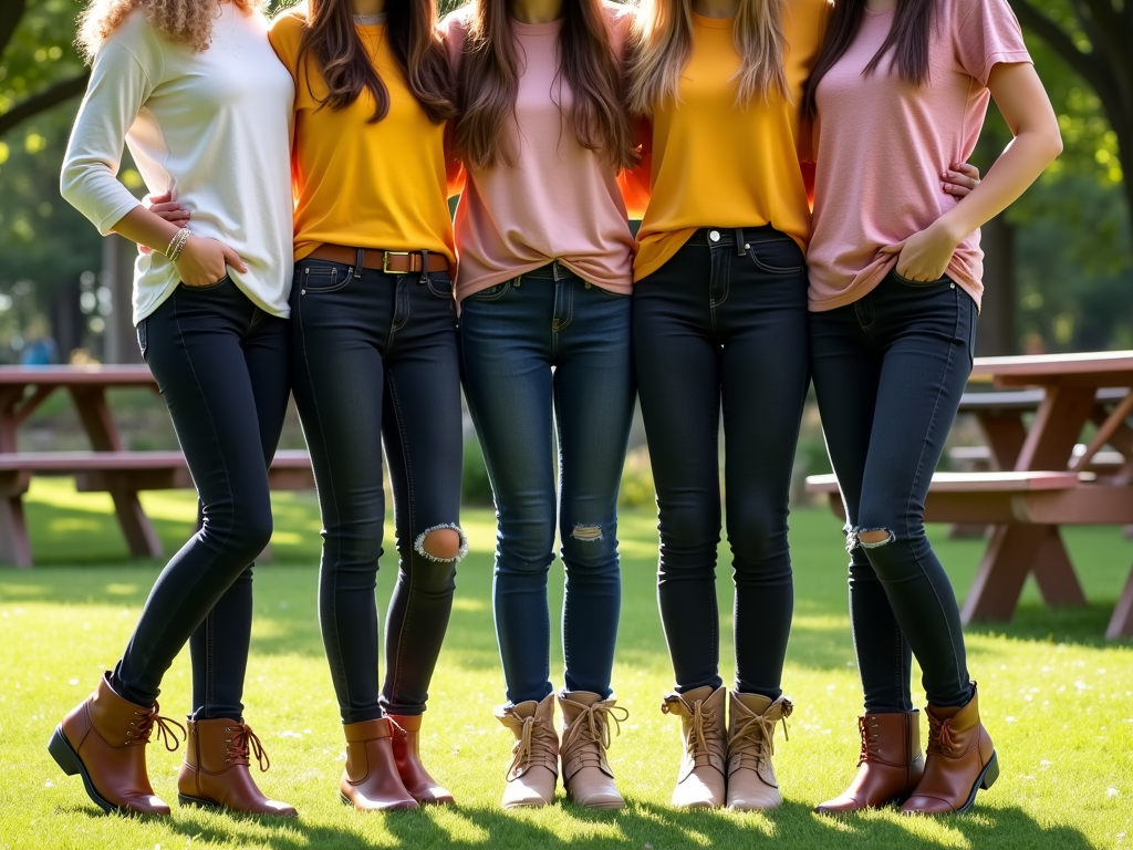 Four women wearing colorful tops and jeans, standing arm-in-arm in a park. Only showing from neck down.