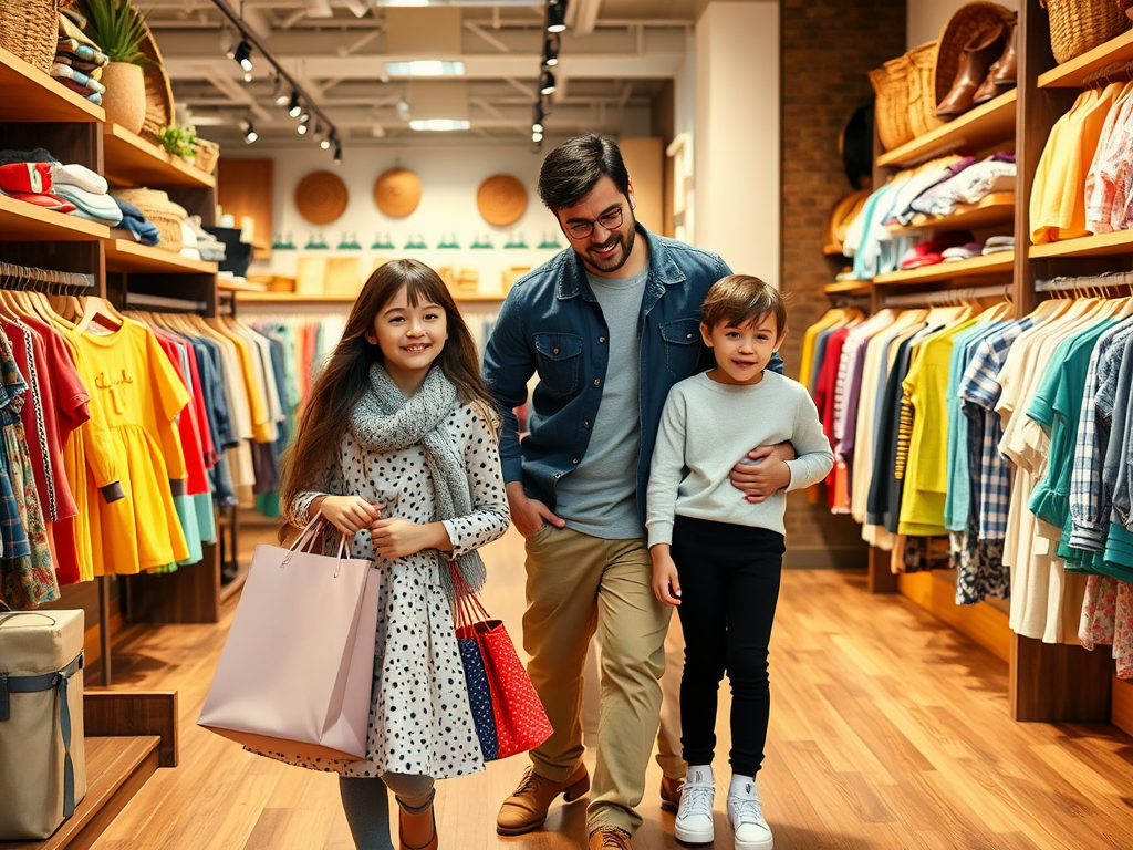 A man and two children happily walk through a colorful clothing store, each holding shopping bags.