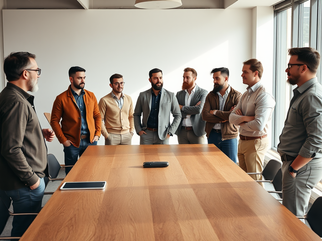 A group of nine men in business attire stands around a wooden conference table, engaged in conversation.