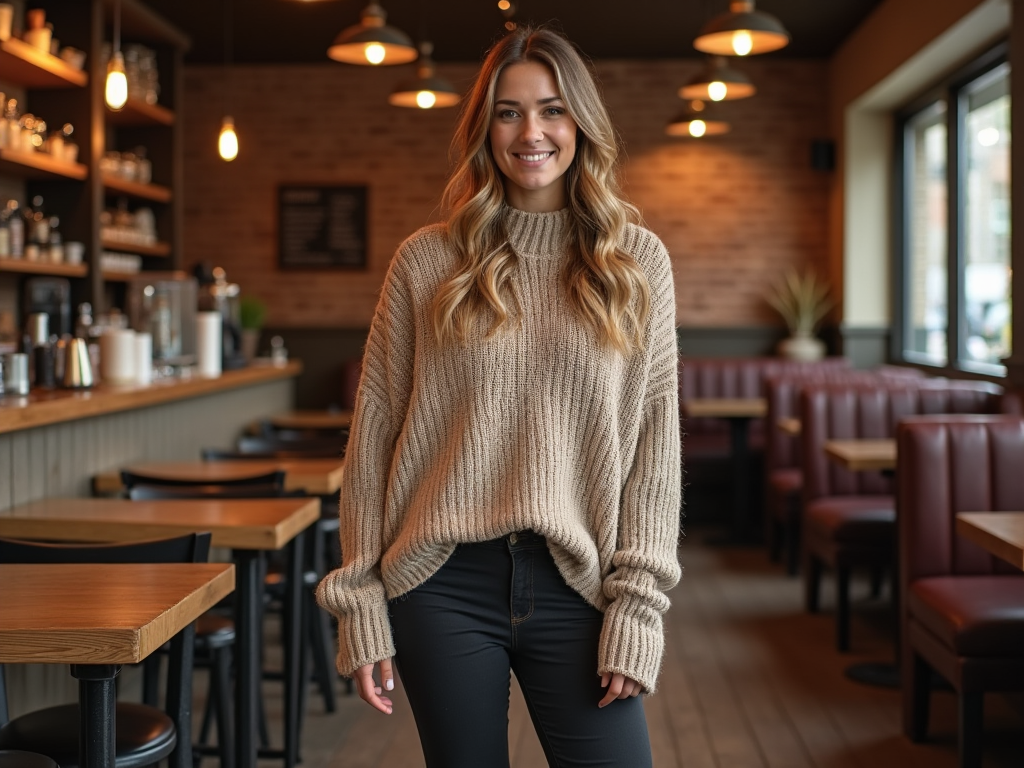 Young woman in beige sweater smiling in a cozy café setting.