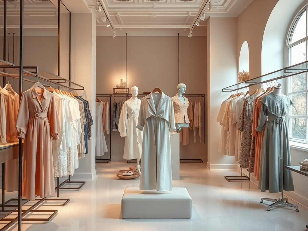 A chic clothing store displays a variety of dresses on racks, with a mannequin showcasing a light-colored outfit.