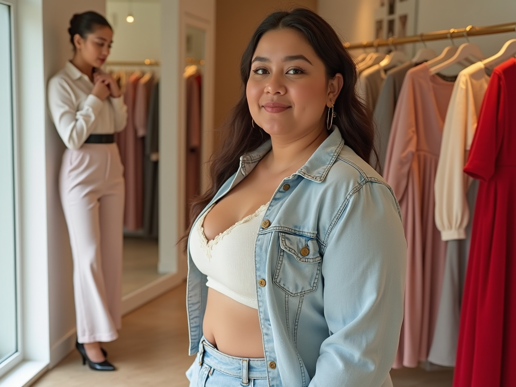 Woman in denim smiling at camera, another woman fixing her outfit in background, inside boutique.