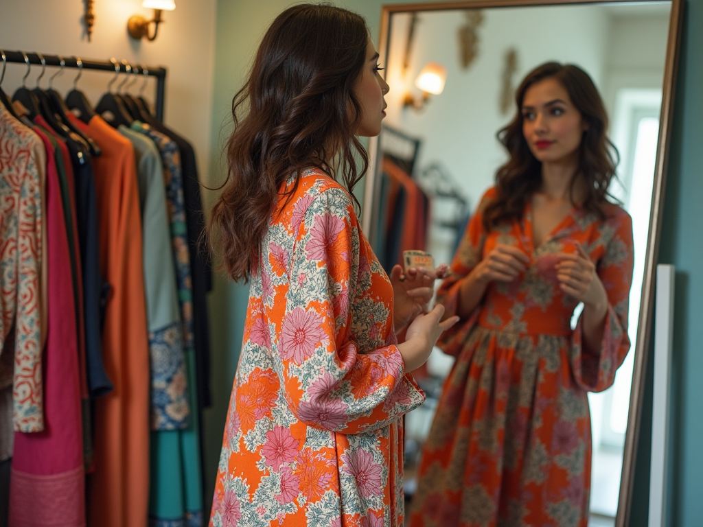 Woman in floral dress admires her reflection in a mirror, standing in a room with assorted clothing.