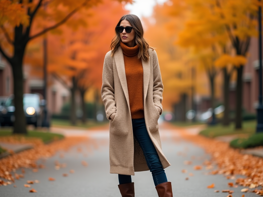 Woman in autumn attire walking on a tree-lined street with fall foliage.