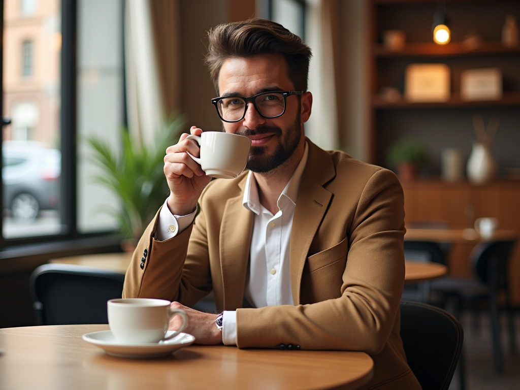 Man in glasses and tan blazer sipping coffee in a cozy café.