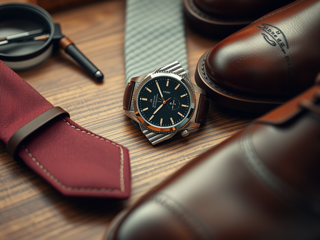 A stylish watch, tie, and leather shoes arranged on a wooden surface, creating a sophisticated look.