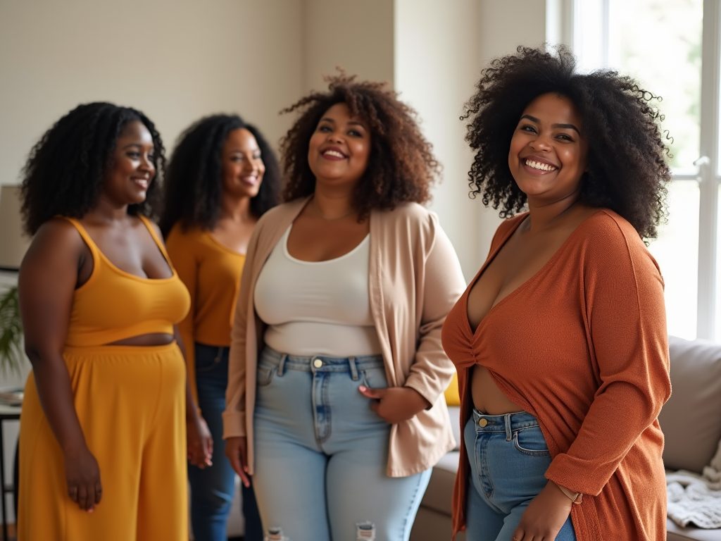 Four joyful women in stylish outfits smiling indoors.