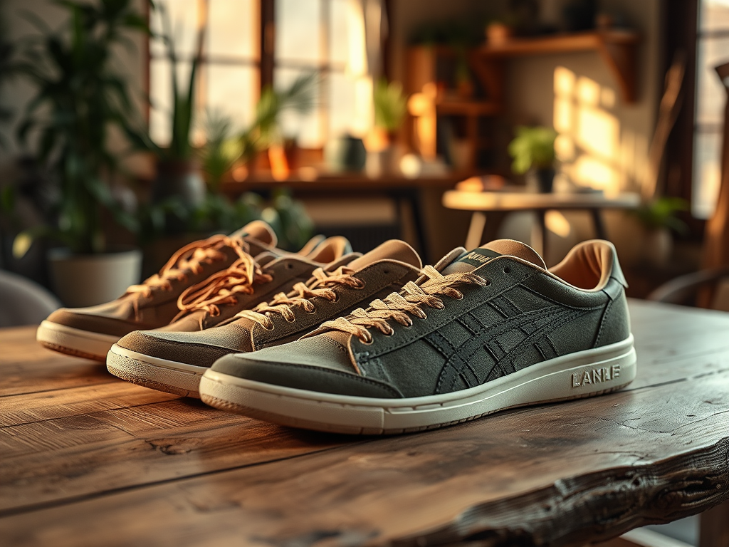 A pair of stylish sneakers in earthy tones sits on a wooden table, with soft natural light filtering in.