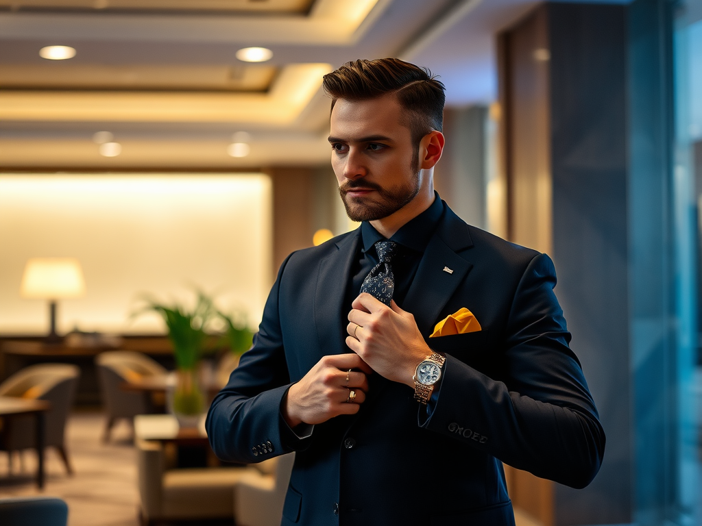 A well-dressed man adjusts his suit in a modern, stylish lobby, showcasing elegance and confidence.