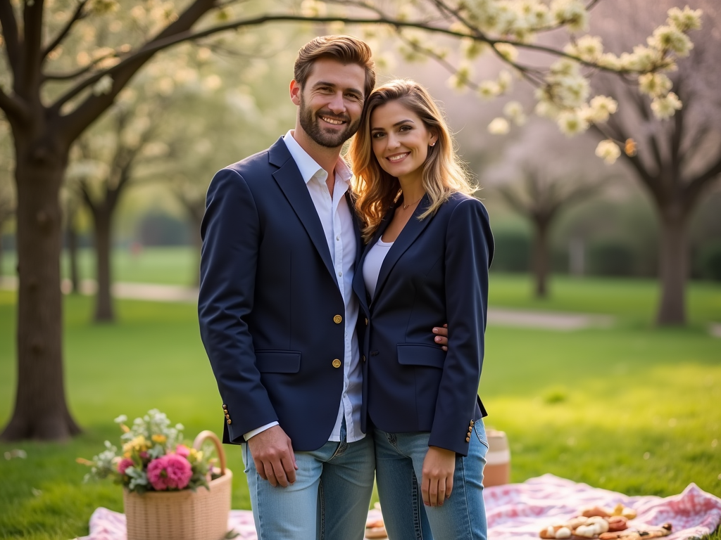 Couple embracing in park with picnic setup in spring, smiling, dressed smartly in blazers and jeans.