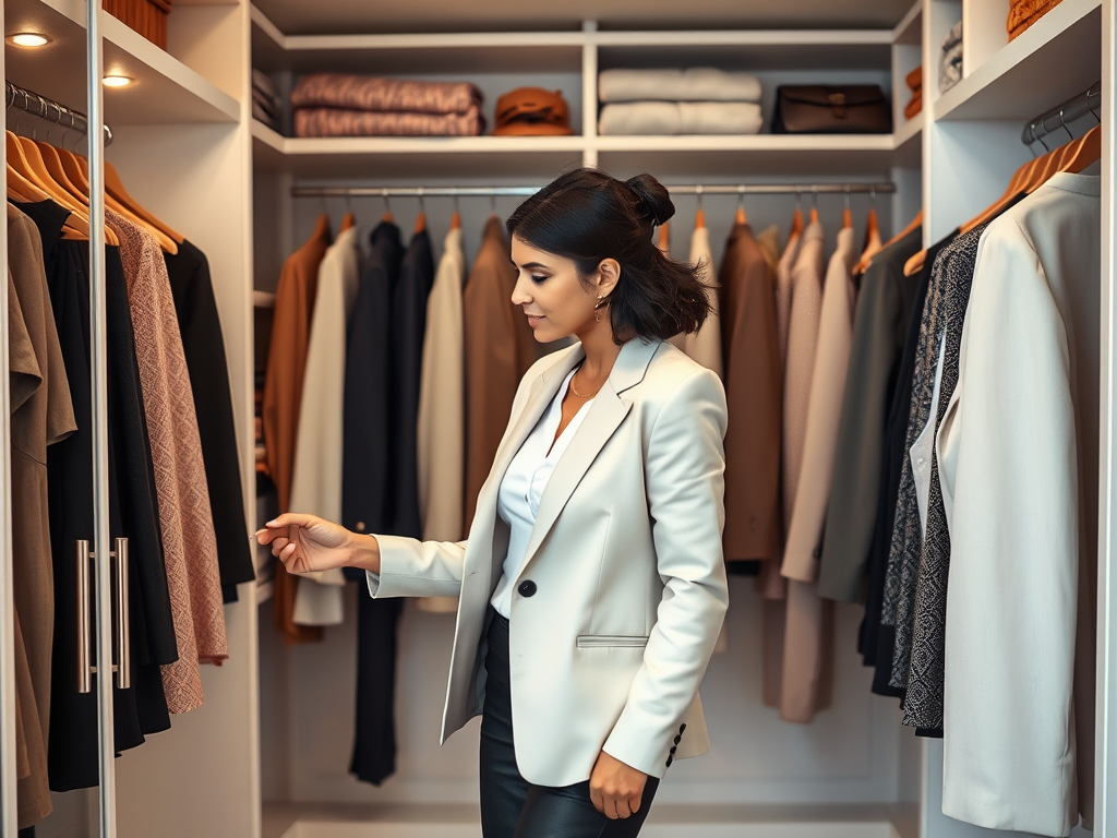A woman in a stylish suit explores a well-organized closet filled with various clothing items.