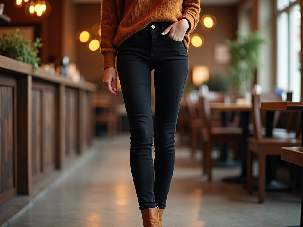 Woman in black jeans and orange sweater walking in a stylish restaurant.