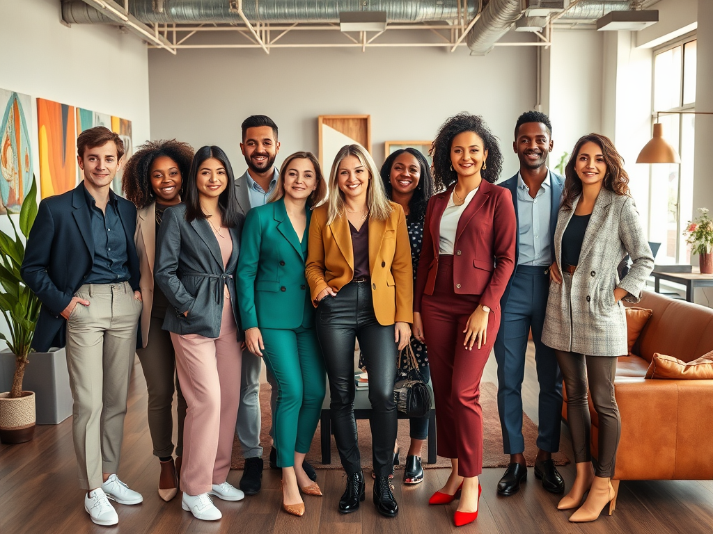 A diverse group of ten professionals in stylish suits poses together in a modern office setting.