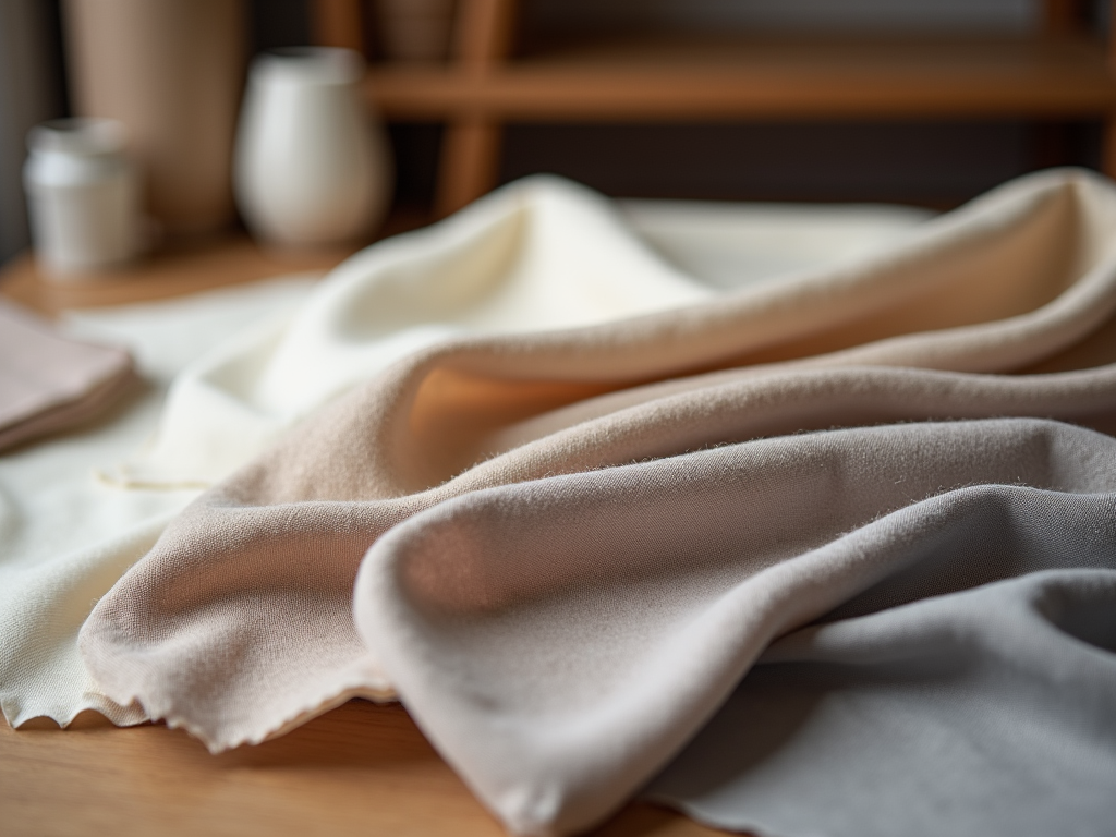 Close-up of textured, folded linen fabric in soft beige tones on a wooden table with blurred background.