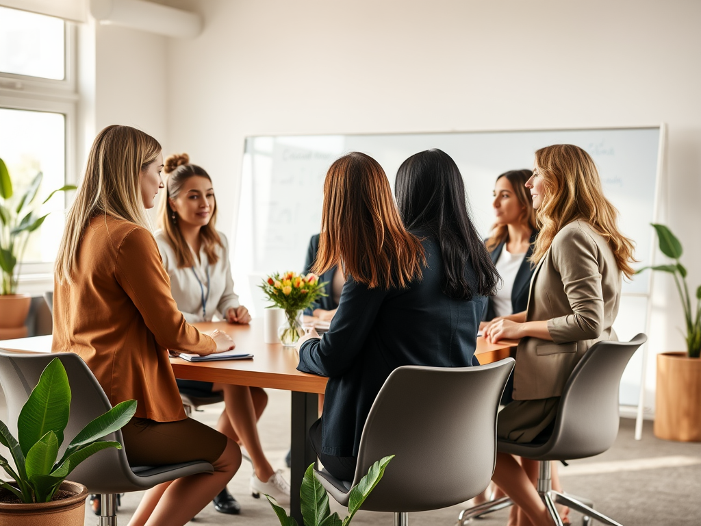 A group of women in professional attire engaged in a meeting around a table with plants in a bright office space.