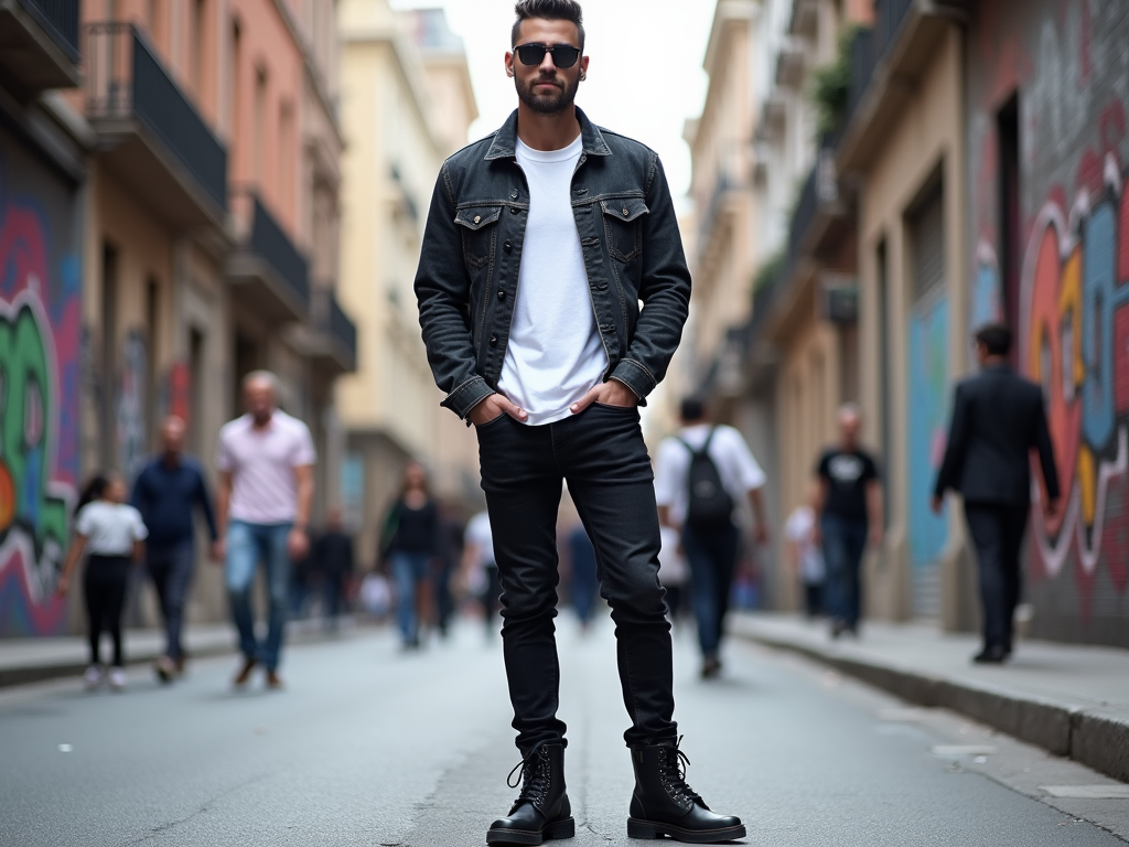 Stylish man in black jeans, jacket, and boots standing on a city street with blurred pedestrians.