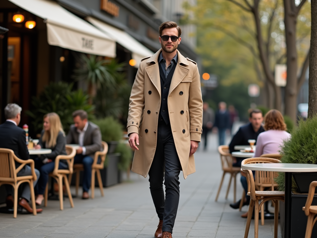 A stylish man in sunglasses and a trench coat walking past outdoor café tables.