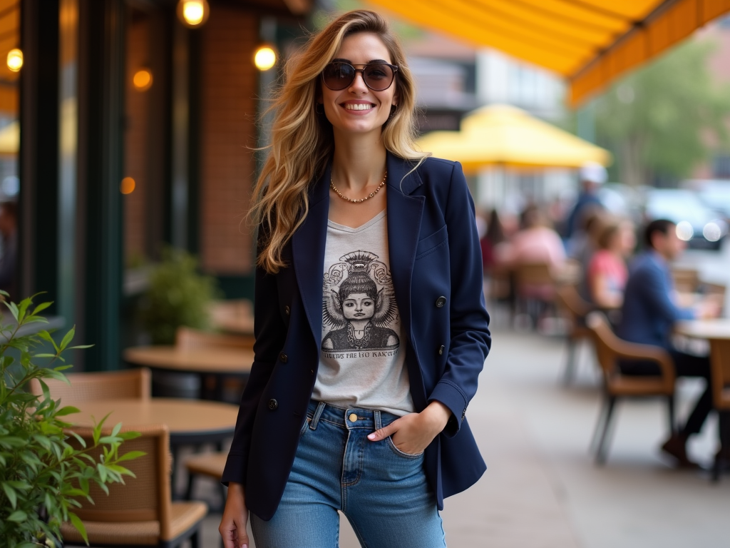 Smiling woman in sunglasses, blazer, and graphic t-shirt strolling by a cafe.