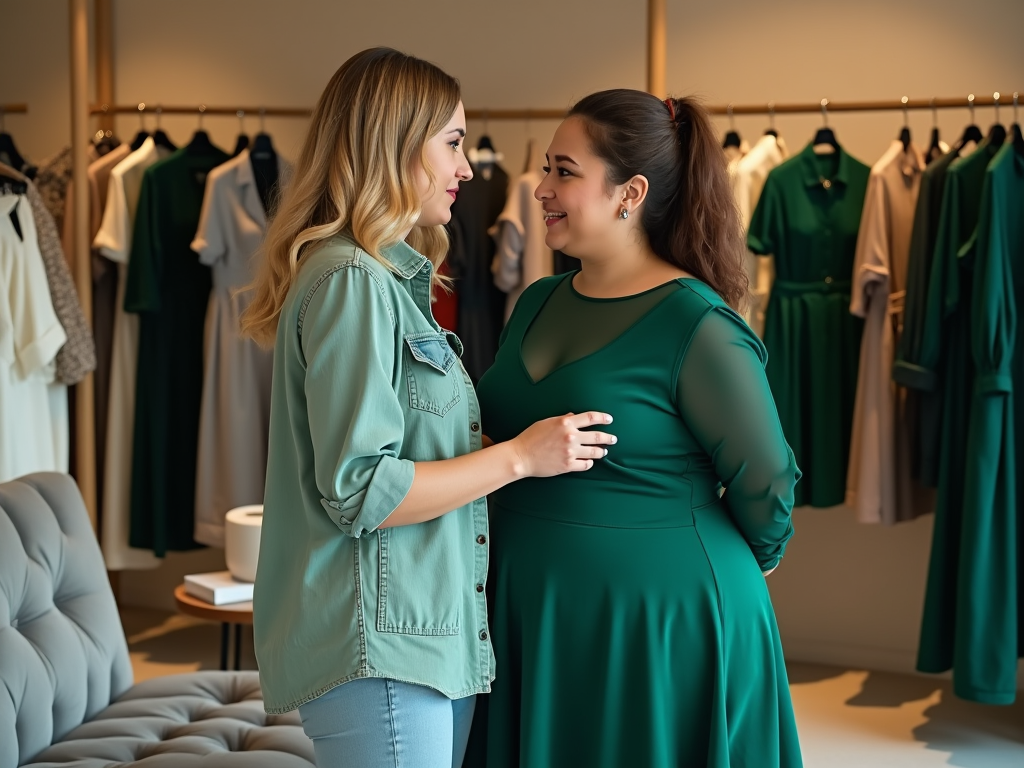 Two women smiling at each other in a clothing store, surrounded by dresses and clothes.