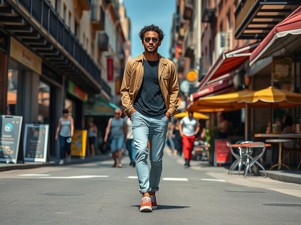 A stylish person walks confidently down a bustling street lined with cafes and shops under bright sunlight.