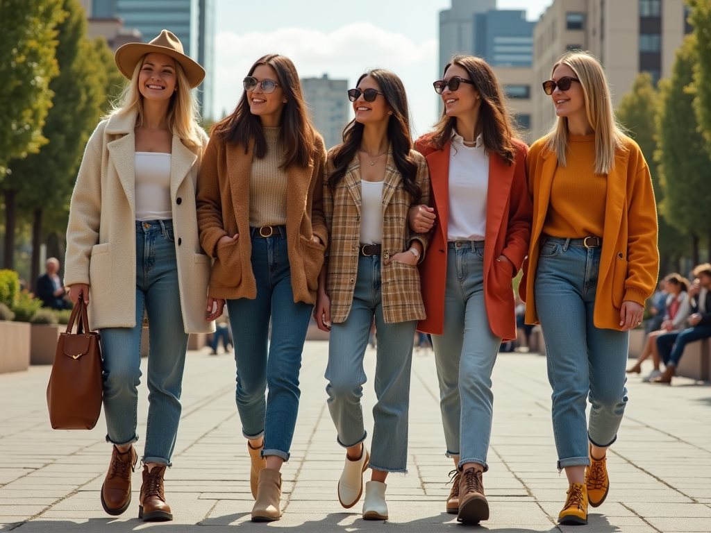 Five women in chic autumn outfits walking together on a sunny city street.