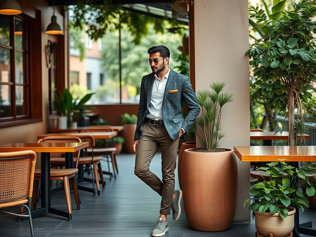 A stylish man in a checkered blazer and trousers stands in a café with plants and wooden tables.