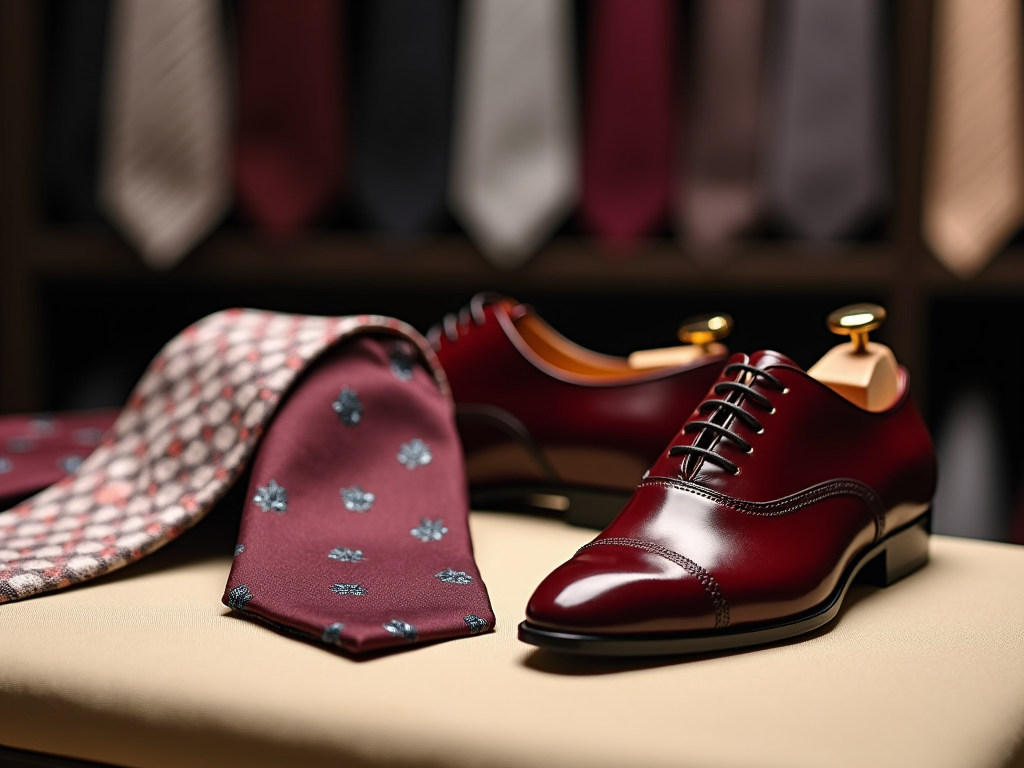 Elegant burgundy dress shoes with a display of stylish ties and a tie in the foreground.