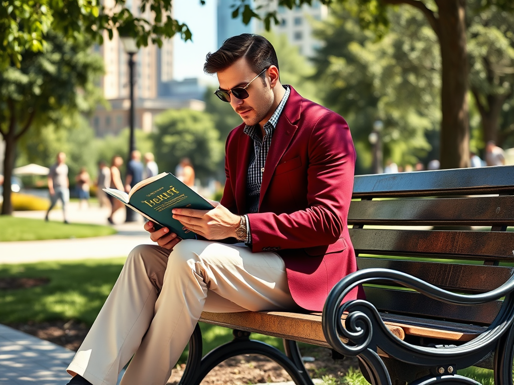 A man in a red blazer sits on a bench, reading a book in a sunny park filled with people.