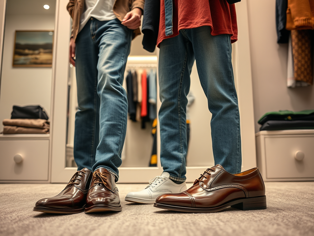 Two pairs of shoes are displayed in front of a mirror: a brown pair and a white pair, with two individuals nearby.