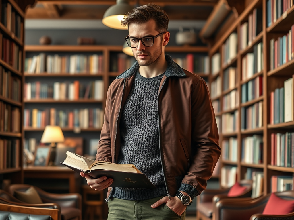 A young man in glasses stands in a cozy library, holding a book with bookshelves filled in the background.
