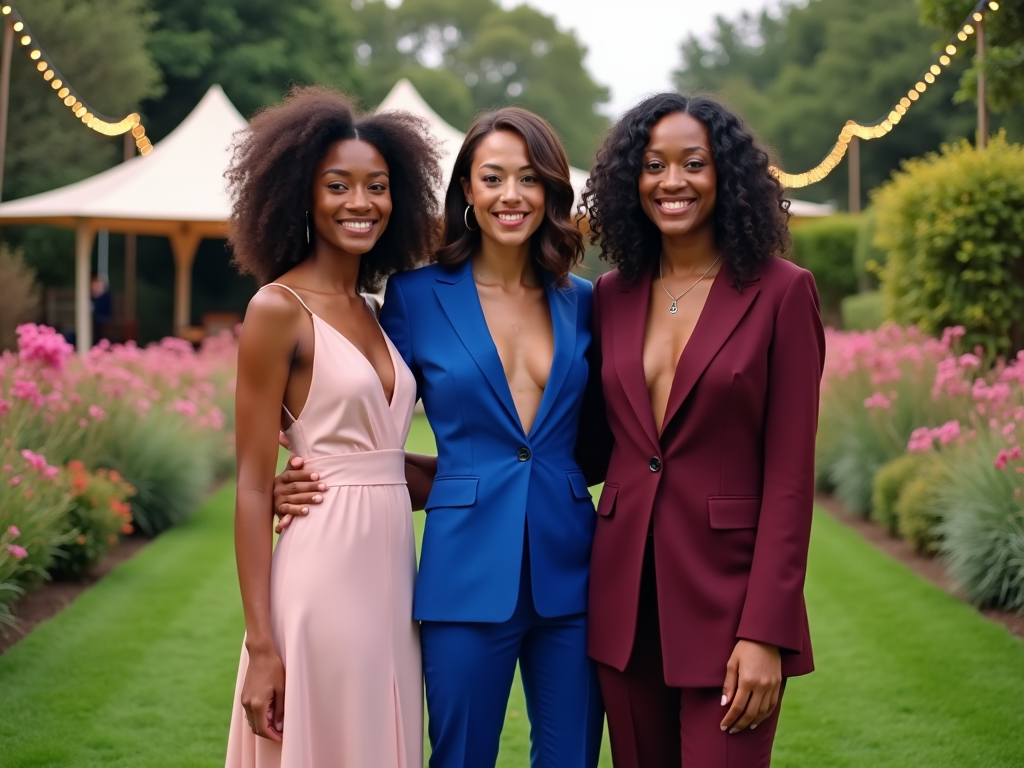 Three women in elegant dresses posing together at an outdoor event with string lights and tents in the background.
