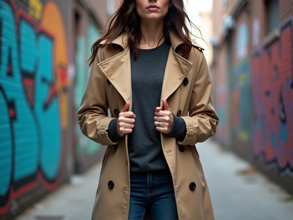Woman in a trench coat standing in an alley with graffiti-covered walls.