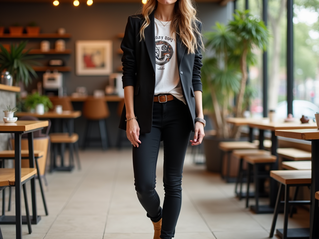 Woman in a blazer and graphic tee walking through a stylish café.