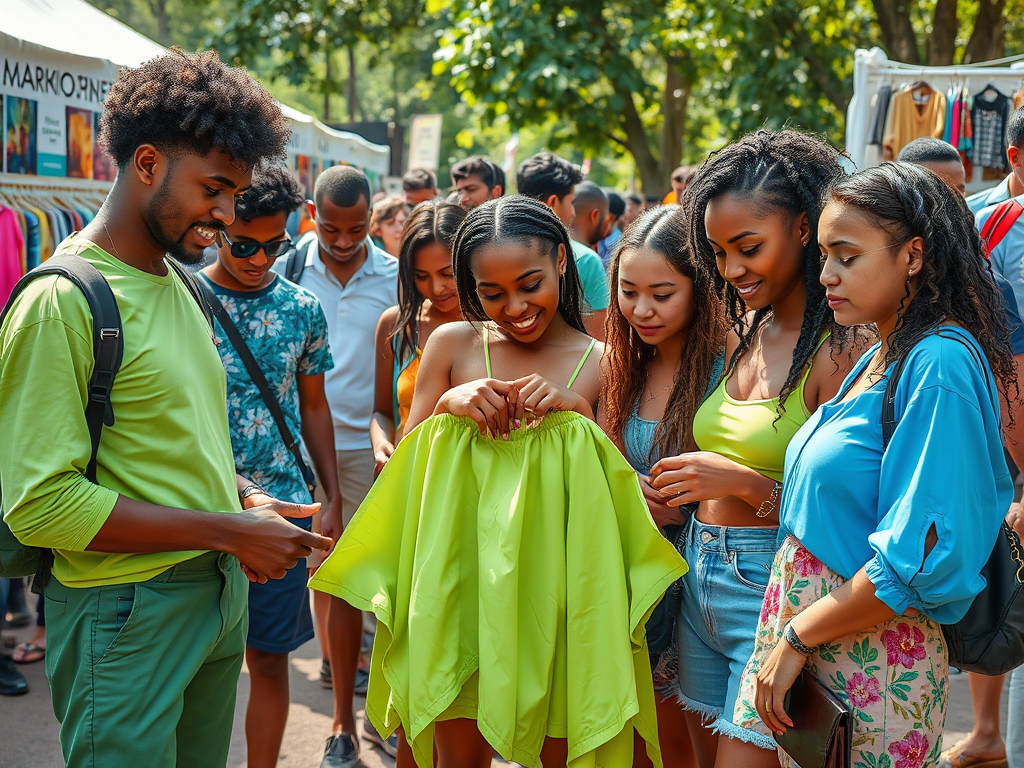 A group of friends is gathered outdoors, admiring a bright green garment at a vibrant market.