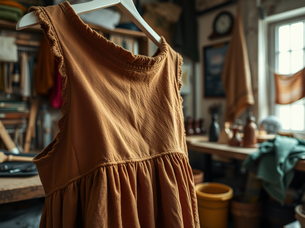 A close-up of a ruffled, mustard-colored dress hanging on a hanger, with a cozy, cluttered workshop in the background.