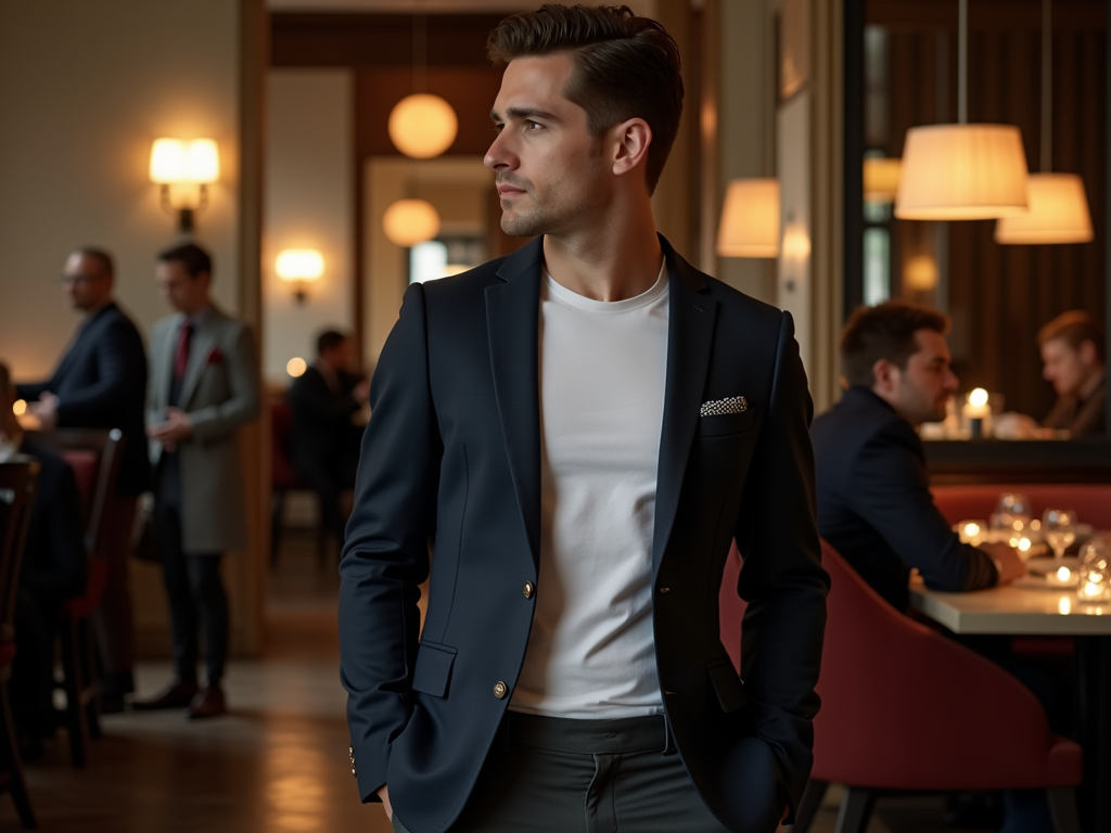 Young man in a stylish suit standing thoughtfully in a busy, elegant restaurant.