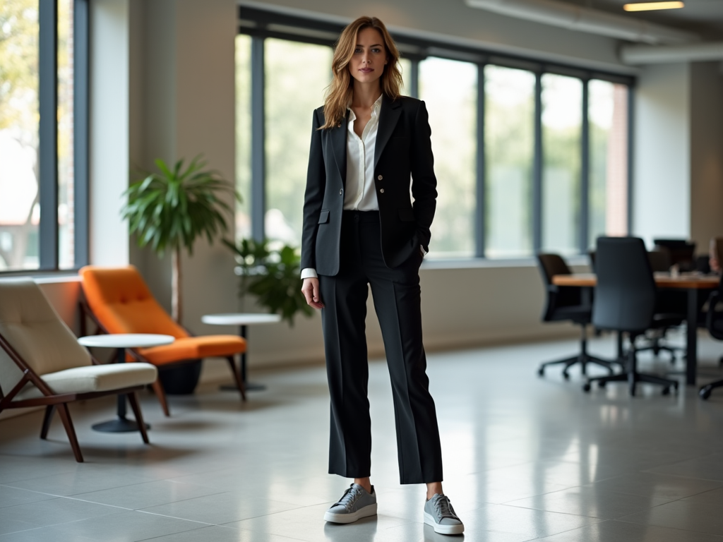 Confident businesswoman in a black suit standing in a modern office setting.