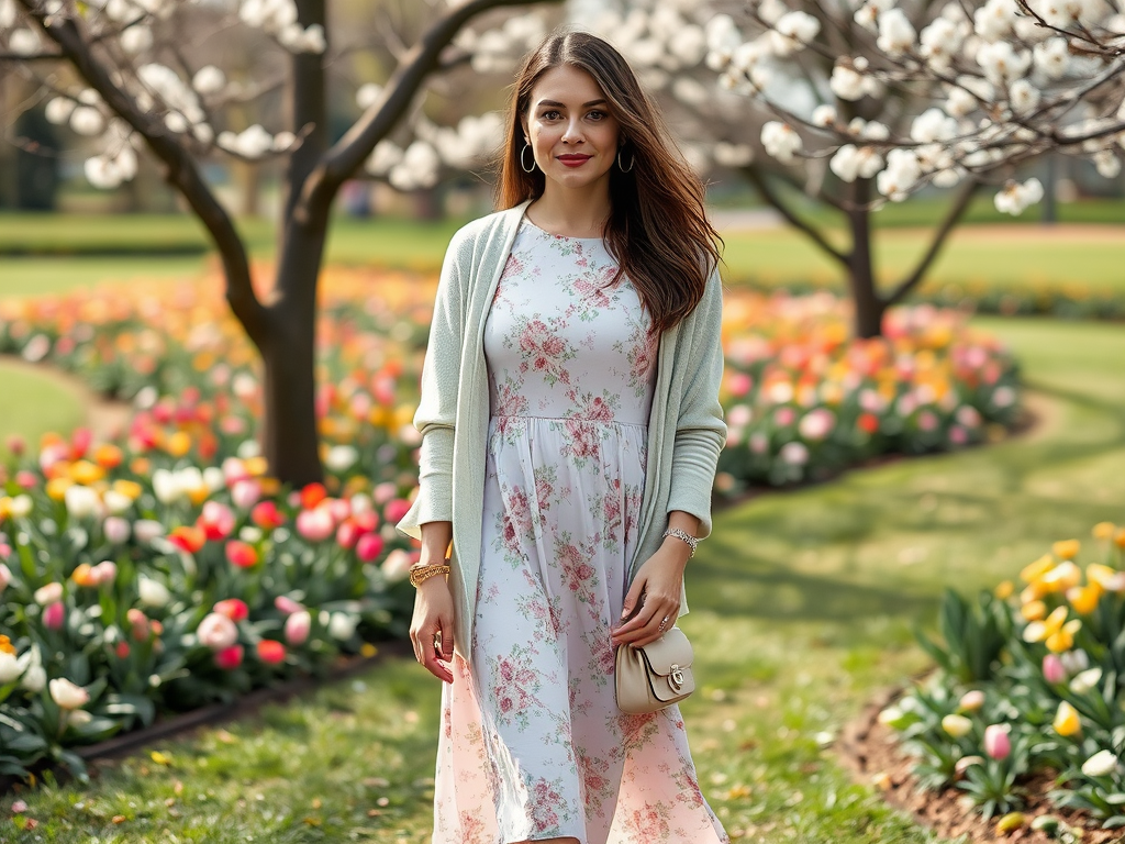 A woman in a floral dress and cardigan stands in a garden filled with colorful flowers and blooming trees.